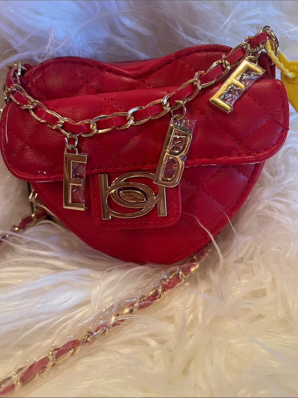 Red Quilted Chain-Trim Heart cross body mini Bebe bag so cute hard too find